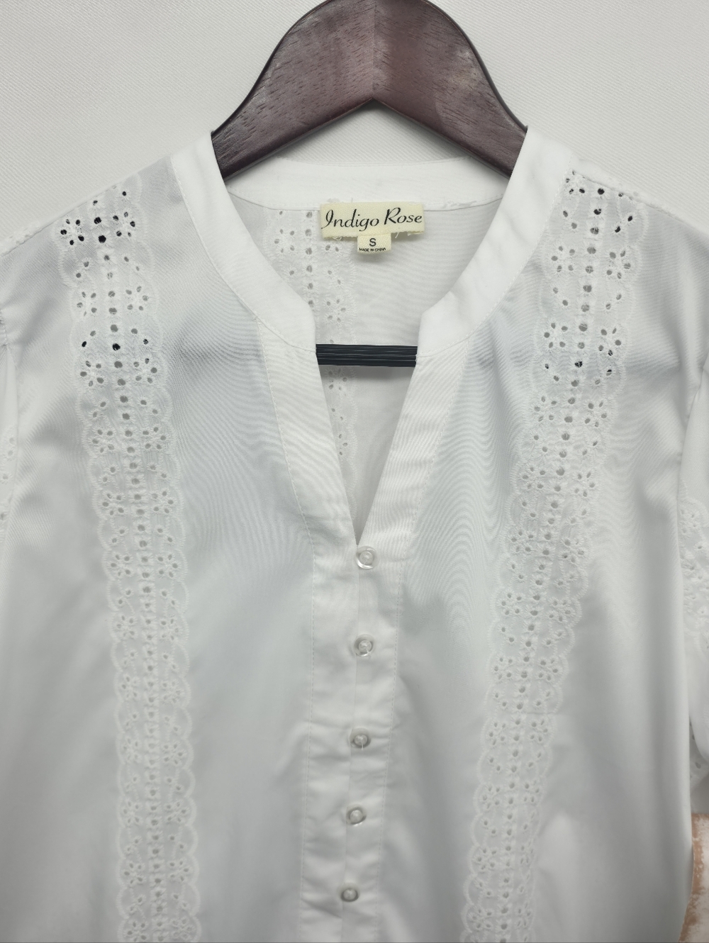 Indigo Rose White Eyelet Lace Blouse NWT Boho Cottagecore Split Neck Long Sleeve - Picture 3 of 16